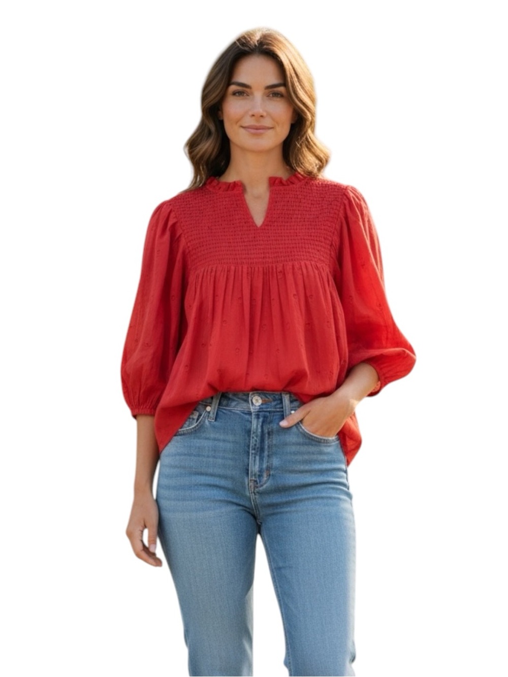 Universal Thread Women's Puff Sleeve Smoked Chest Peasant Blouse Red Casual, L